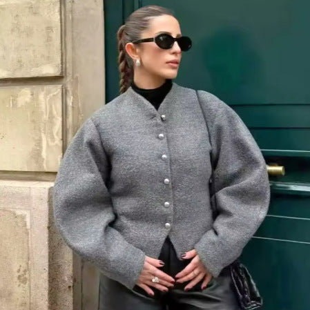 Veste élégante courte pour femmes en mélange de laine fine avec des boutons scintillants Chic & Stil