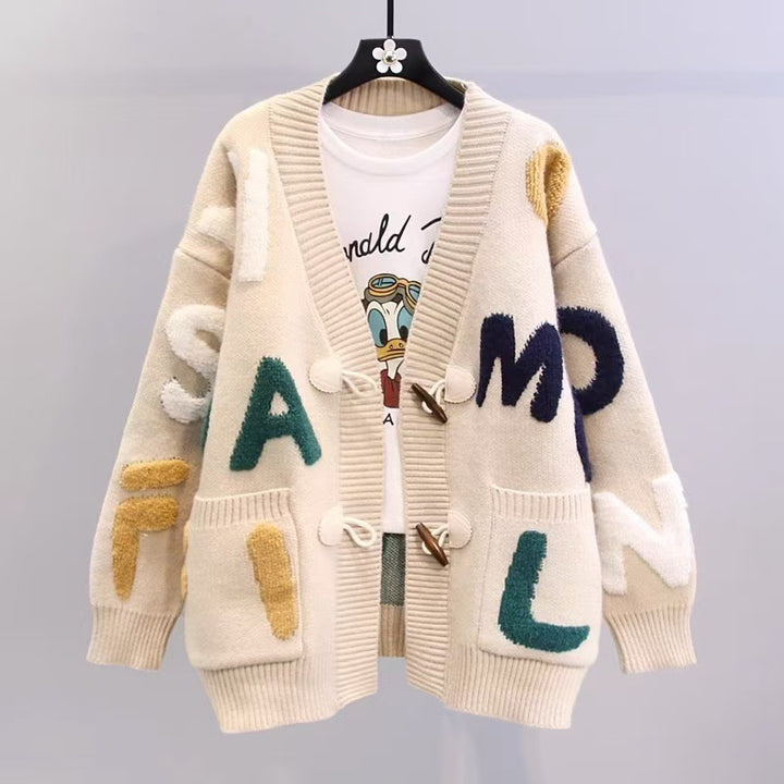Ladies chunky knit cardigan with colorful appliqués and large pockets Lune London