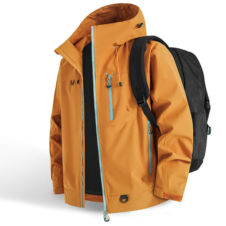 Functional outdoor jacket for men with adjustable hood drawstring and practical zip pockets Lune London