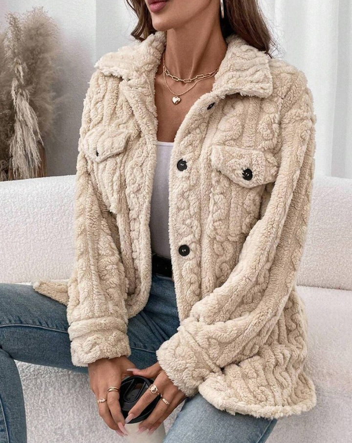 Knitted jacket for women with texture and applied pockets Lune London