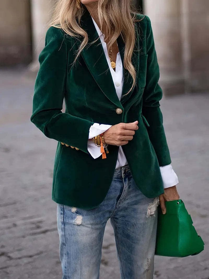 Blazer élégant en velours pour dames avec coupe cintrée et boutons dorés