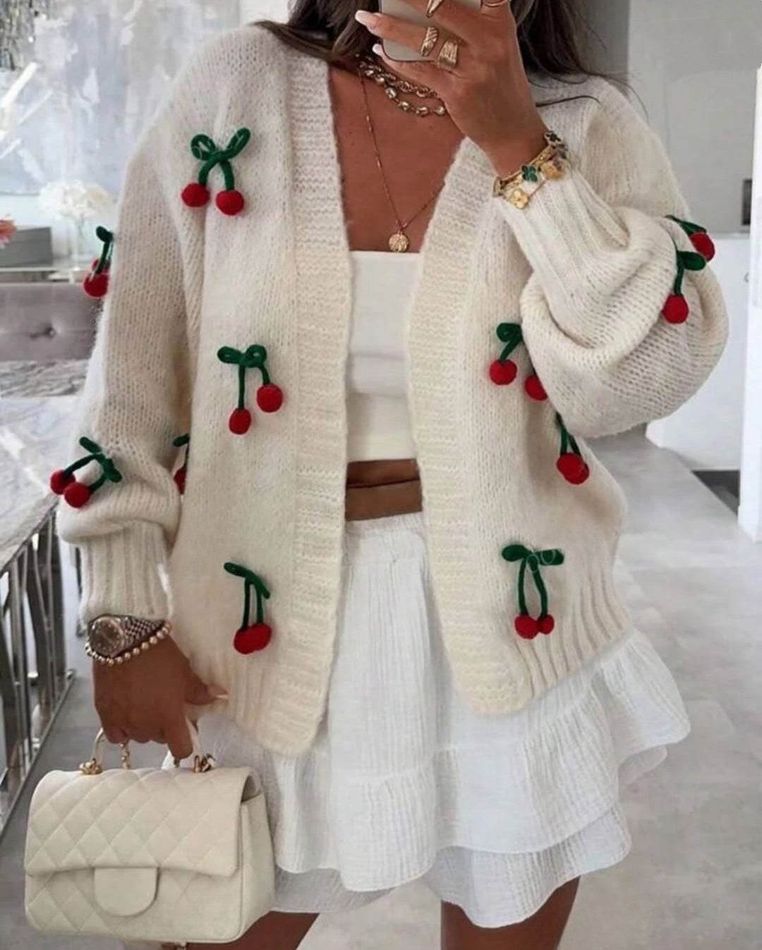 Knitted jacket for women with cheerful cherry pattern Lune London
