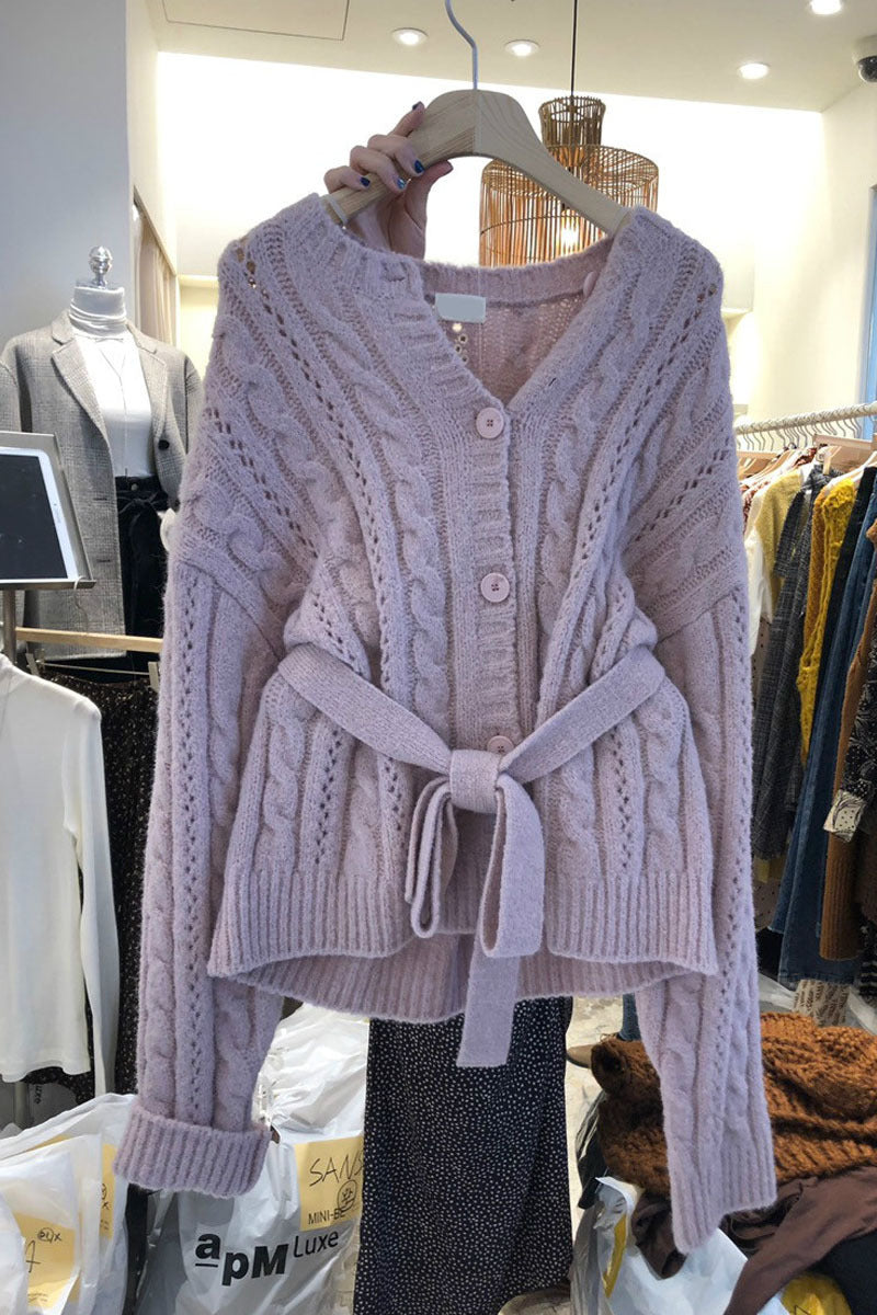 Knitted women's jacket with waist belt and embossed pattern Lune London