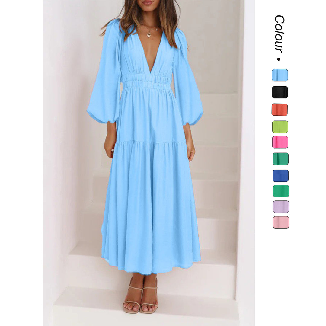 Women's long-sleeve maxi dress with deep V-neck and wide skirt Lune London