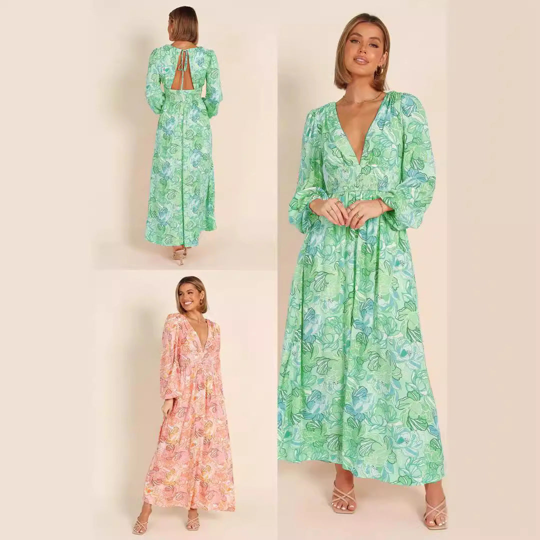Floral print summer dress for women with deep V-neck and puff sleeves Lune London
