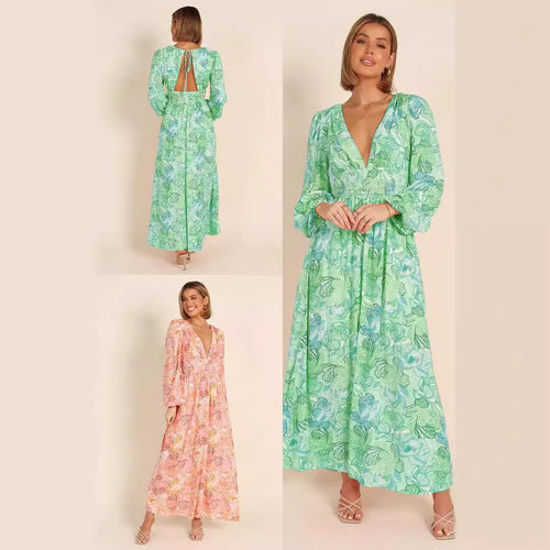 Floral print summer dress for women with deep V-neck and puff sleeves Lune London