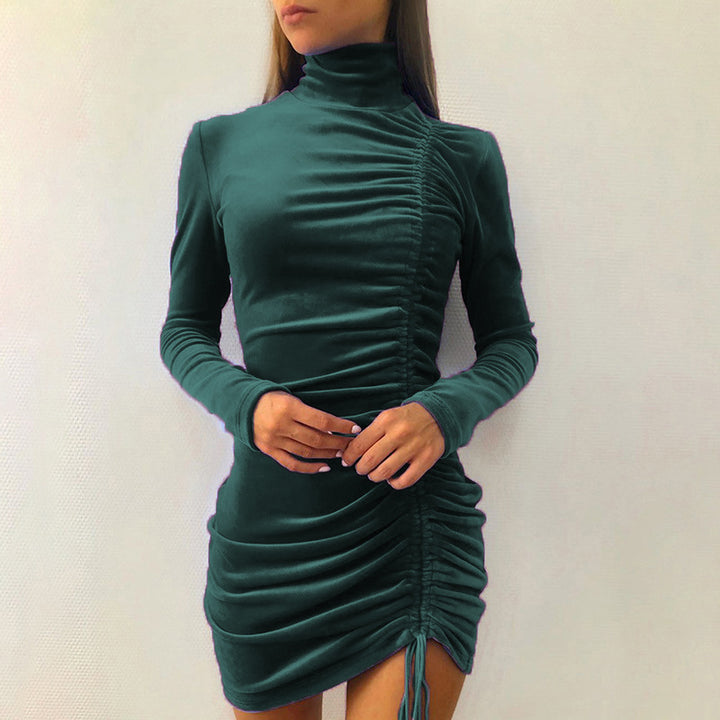 Elegant velvet mini dress for women with high collar and refined gathered effect Lune London