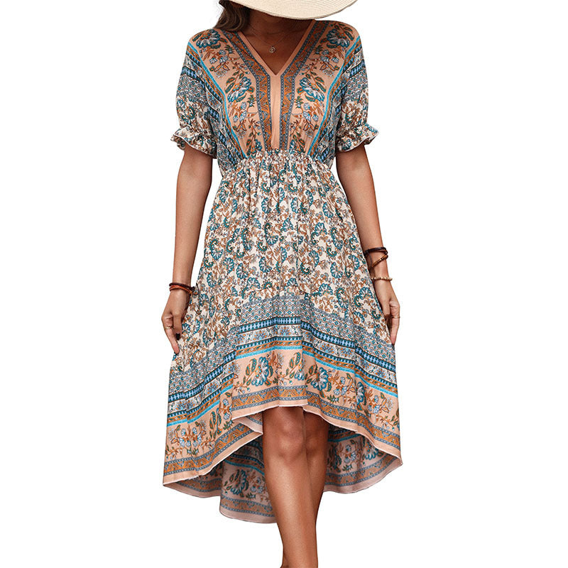 High-Low Elegant Women's Floral Print Ruffle Maxi Dress