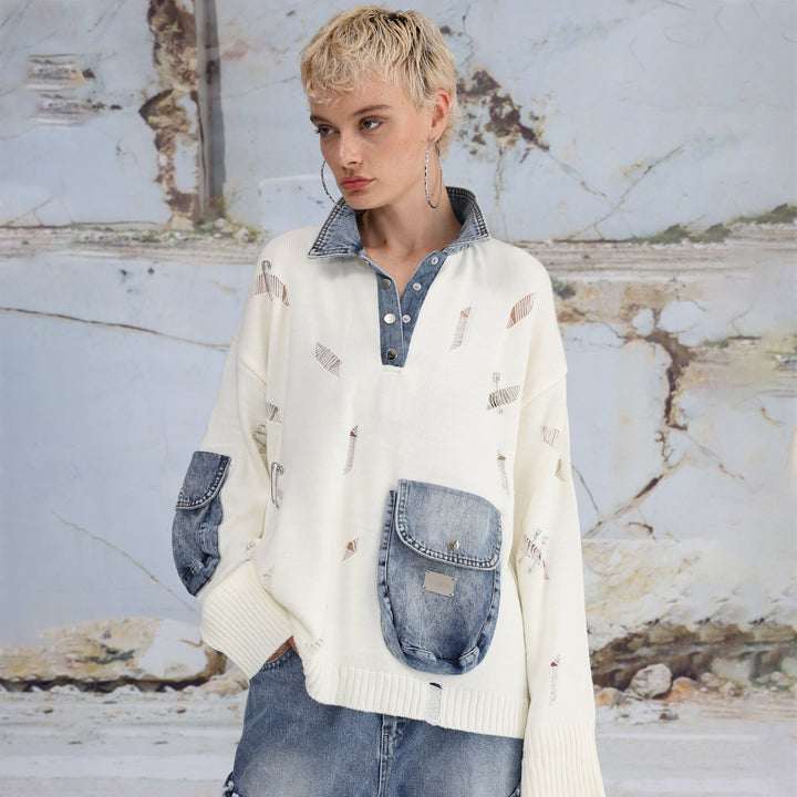 Ladies Urban Oversized Sweater with Chic Denim Details and Style