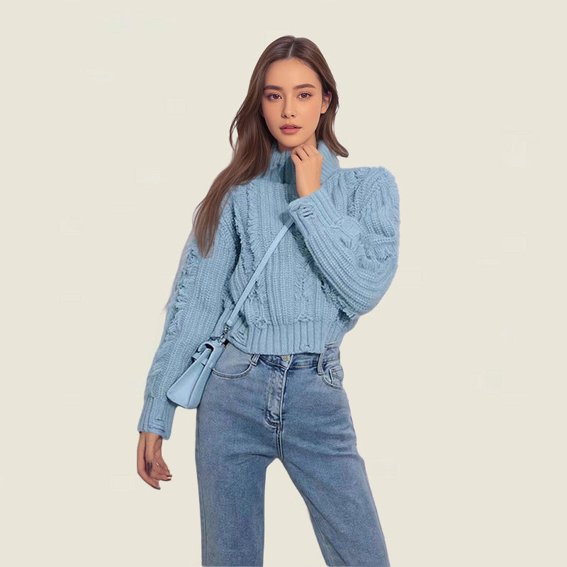 Women chunky knit sweater with high collar and structured design Lune London