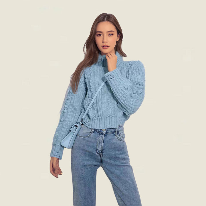 Women chunky knit sweater with high collar and structured design Lune London