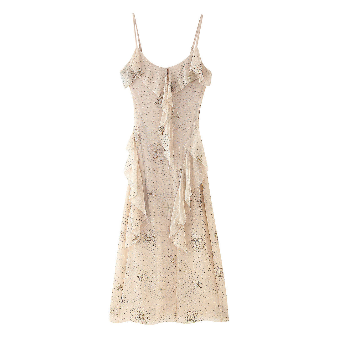 Midi dress for women with a floral design, ruffles, and delicate glitter Lune London