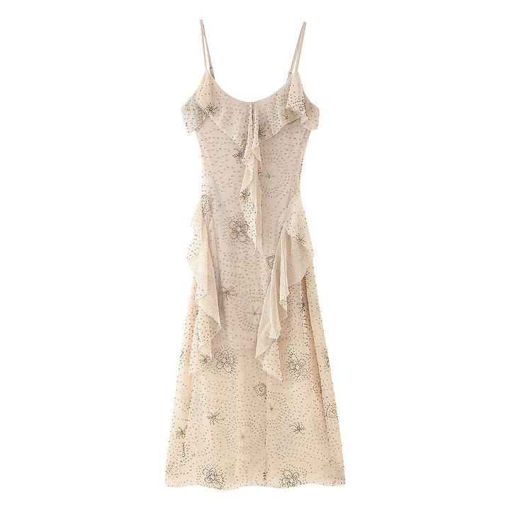 Midi dress for women with a floral design, ruffles, and delicate glitter Lune London