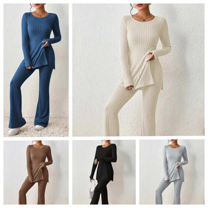 Lune London finely ribbed loungewear set for women with long sleeves and flared legs