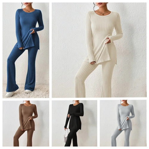 Lune London finely ribbed loungewear set for women with long sleeves and flared legs