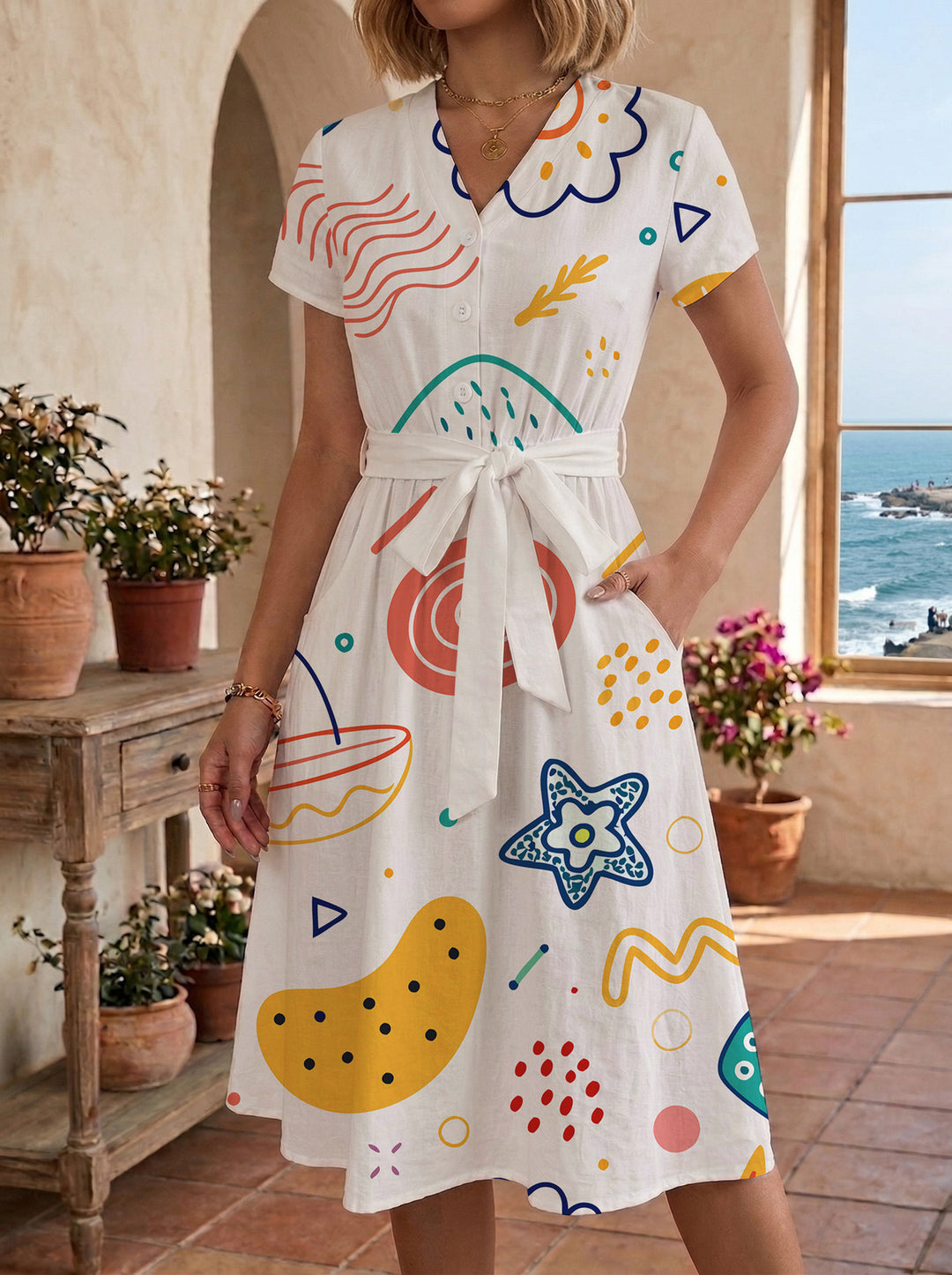 Women’s midi dress with colorful floral design and adjustable tie belt Lune London