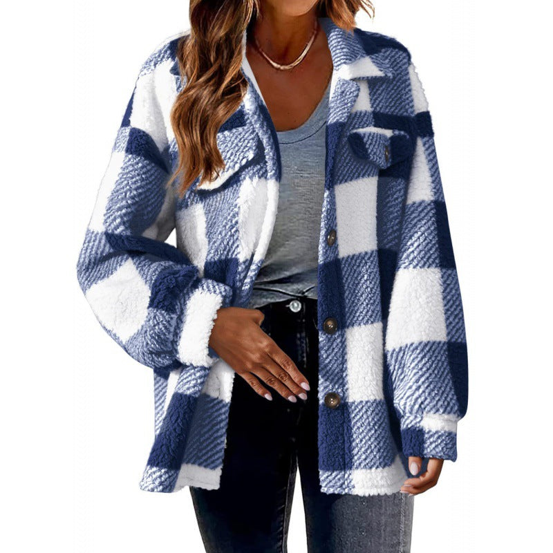 Ladies Plaid Plush Jacket with Snap Button Closure and Convenient Pockets Lune London