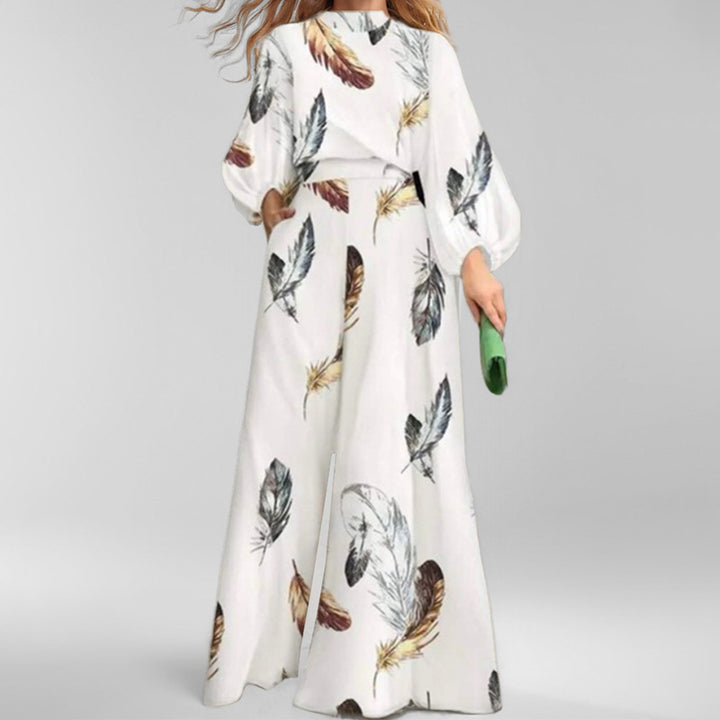 Ensemble élégant pour femme en deux pièces avec des manches en forme de ballon et un design en plumes Chic & Stil