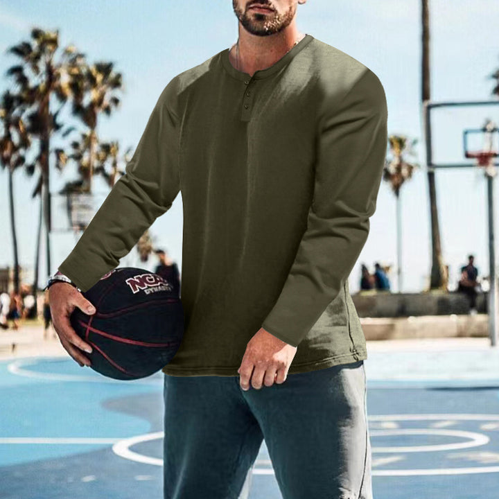 Men's long sleeve Henley shirt in textured fabric with practical button details Lune London