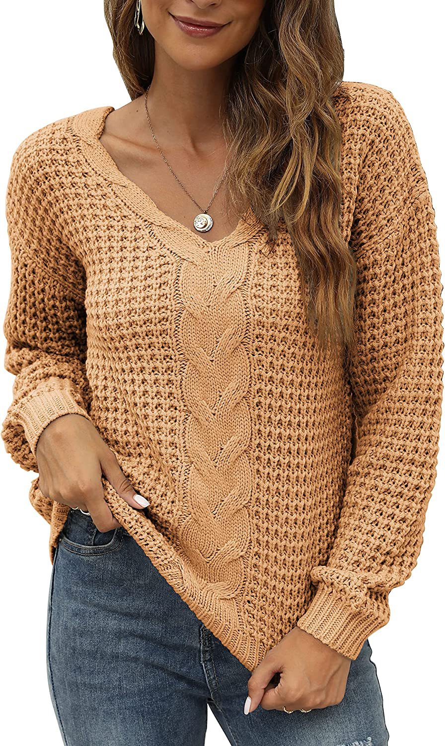 Casual knit pullover for women with deep V neckline and detailed cable pattern Lune London