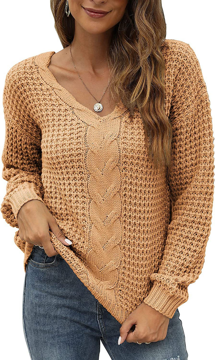 Casual knit pullover for women with deep V neckline and detailed cable pattern Lune London