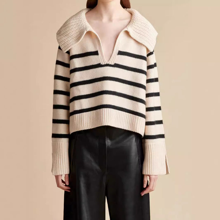 Trendy knitted sweater for women with distinctive collar and striped pattern Lune London