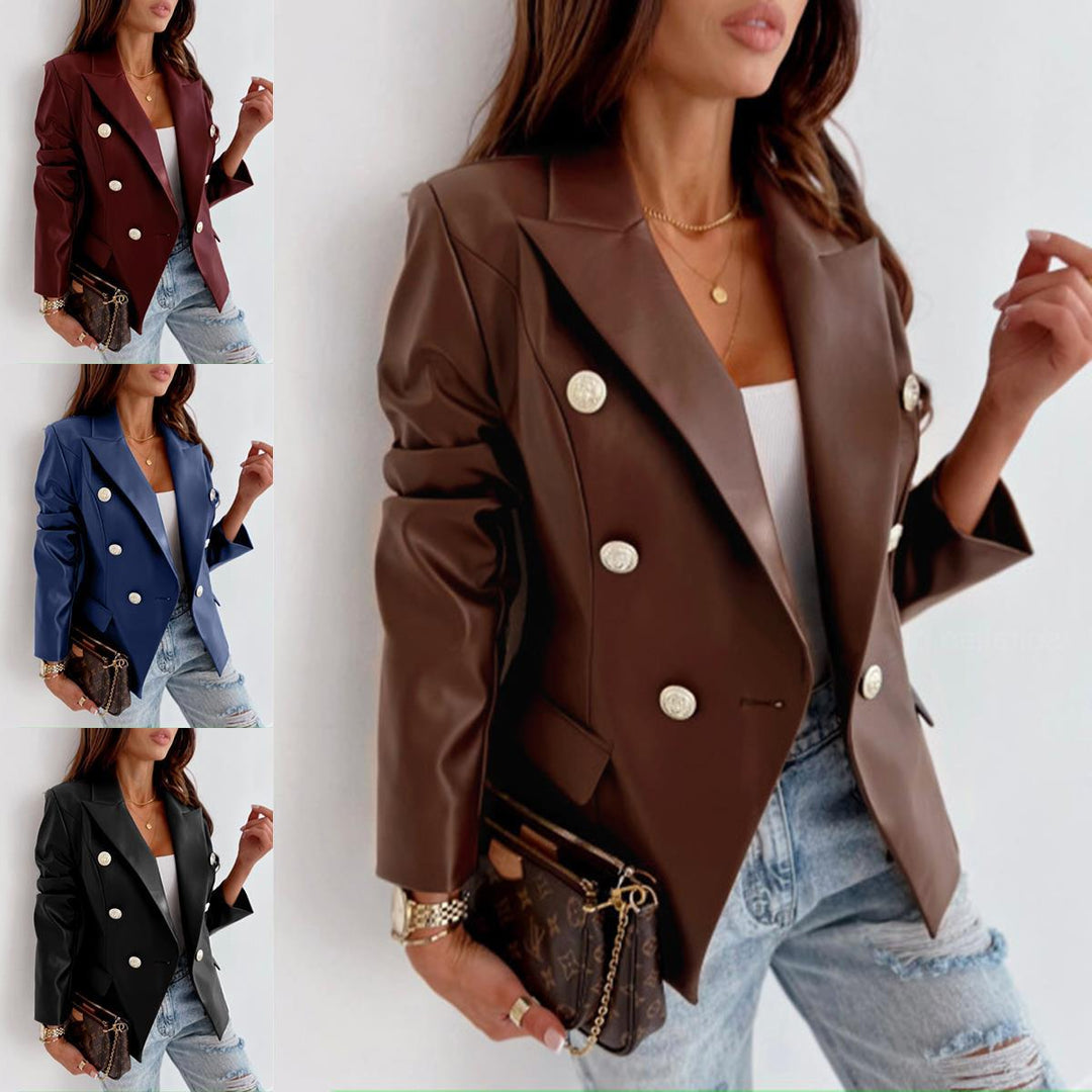 Elegant faux leather blazer for women with double row of buttons Lune London