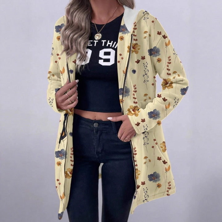 Hooded coat with full zip for women with floral print Lune London