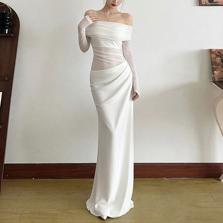 Robe maxi élégante pour femme à épaules découvertes avec détails en volants et manches longues Chic & Stil