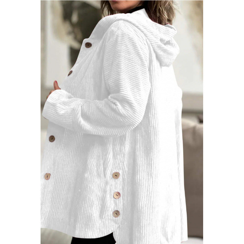 Ladies Cozy Corduroy Jacket with Hood and Button Closure Lune London
