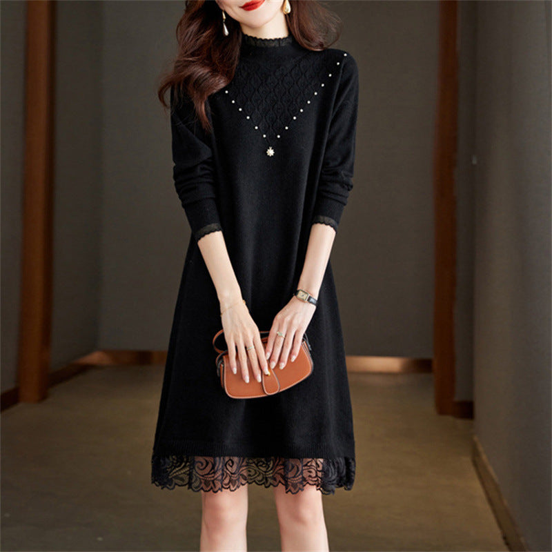 Knit dress for ladies with high collar and lace finish Lune London