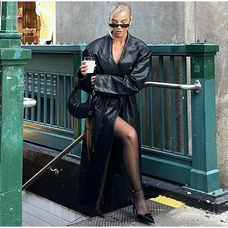 Elegant faux leather trench coat for women with belt Lune London