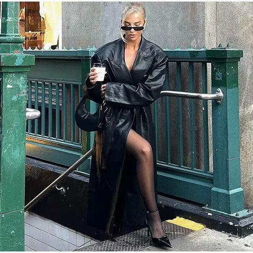 Elegant faux leather trench coat for women with belt Lune London