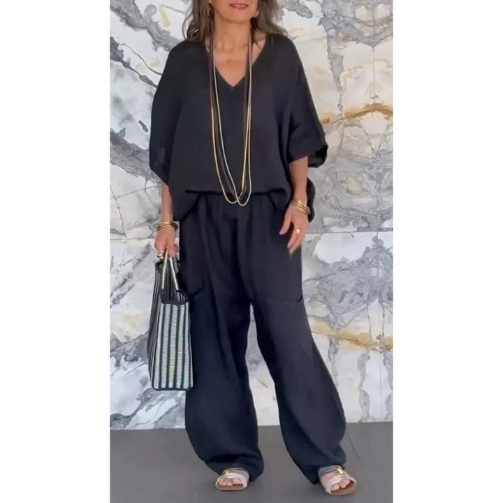 Women Casual Linen Outfit with Wide Legs and V-Neck Lune London