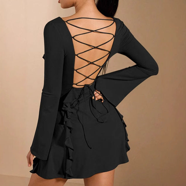 Elegant ruffled dress for women with deep neckline and long sleeves Lune London