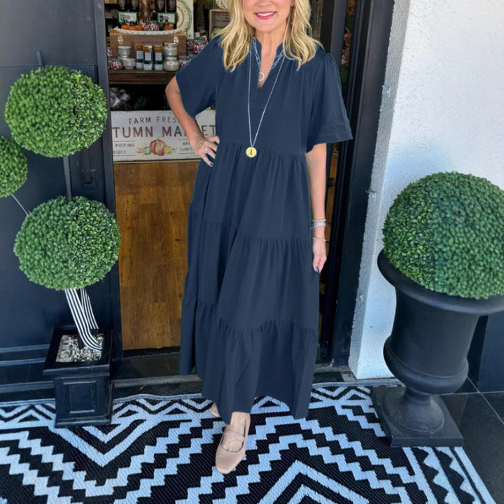 Maxi dress with long sleeves for women with V-neck and ruffle detail Lune London