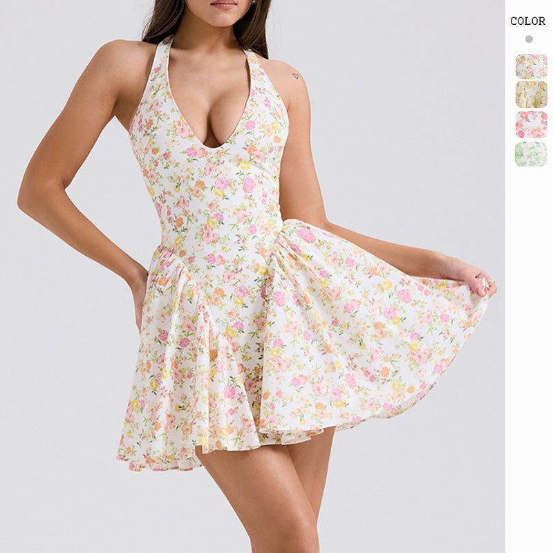 Floral mini dress for women with halter neck design and flared skirt Chic & Stil