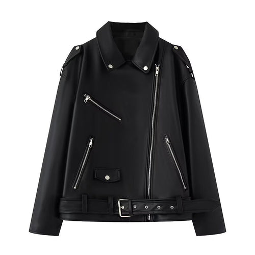 Faux leather motorcycle jacket for women with practical zip pockets and belt Lune London