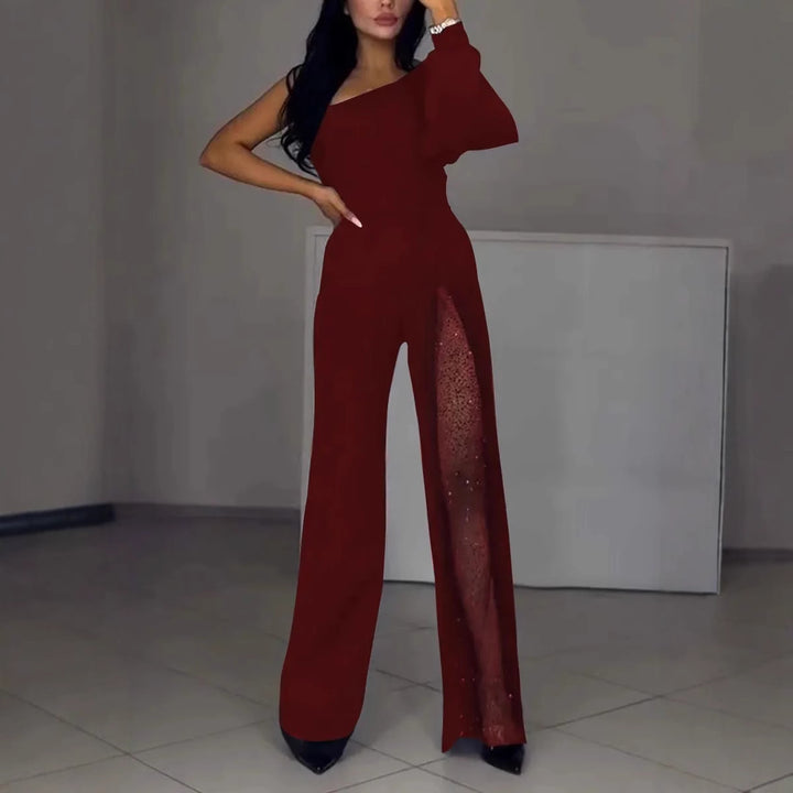 Asymmetrical one-shoulder jumpsuit for women with sequin panel Lune London