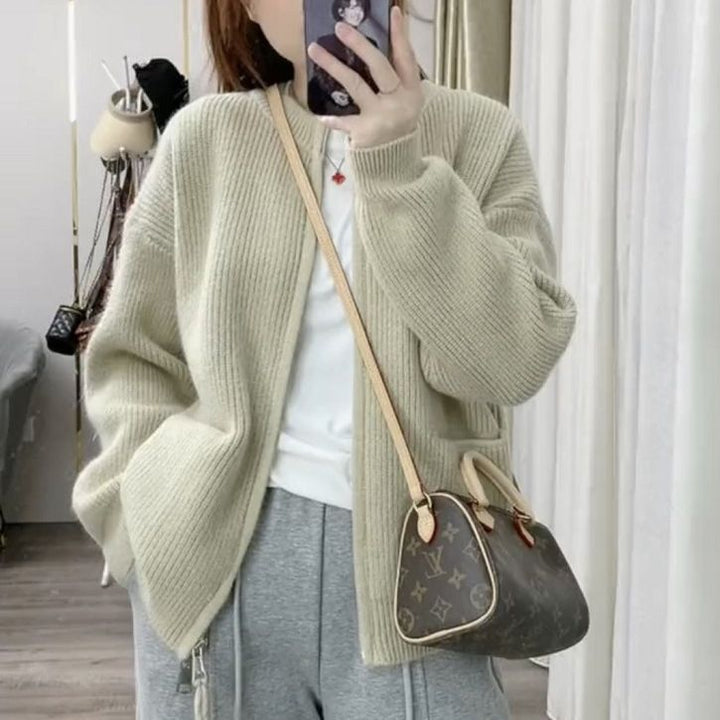 Knitted jacket for women with textured design and open collar Lune London