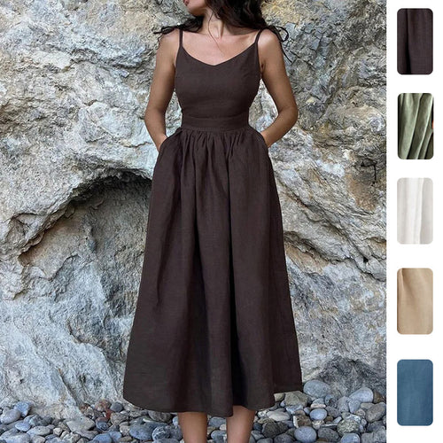 Robe longue en lin pour femmes avec décolleté en V profond et taille cintrée Chic & Stil