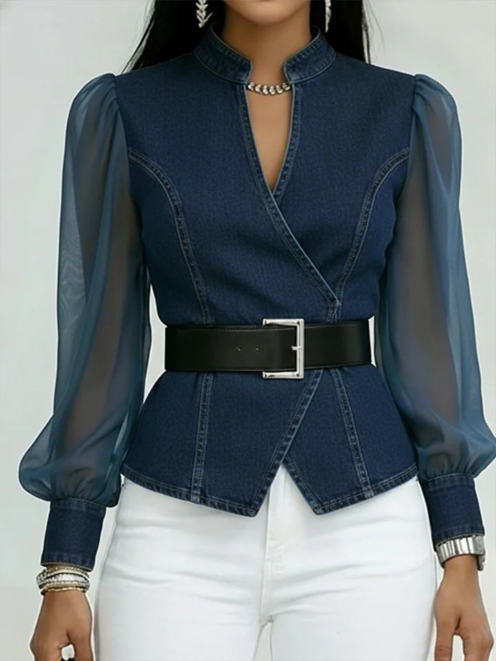 Women’s jeans blouse with transparent sleeves and tailored design Chic & Stil