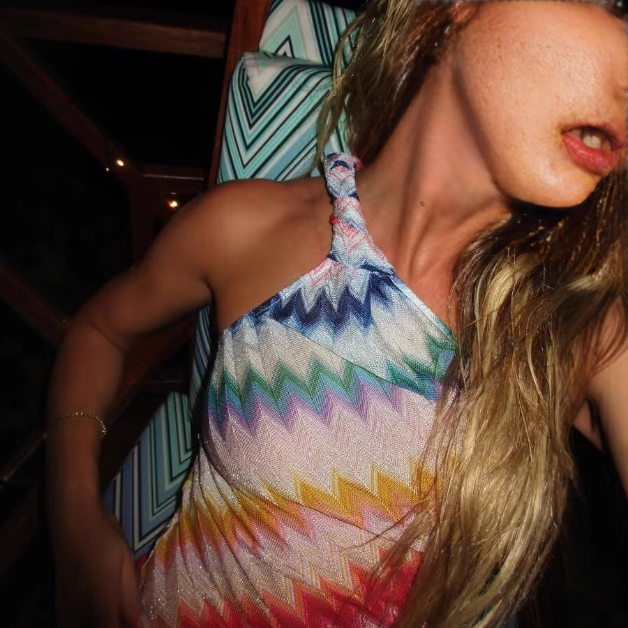 Maxi dress for women with asymmetrical neckline and bright zigzag pattern Lune London