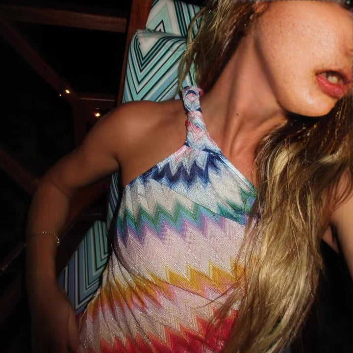Maxi dress for women with asymmetrical neckline and bright zigzag pattern Lune London