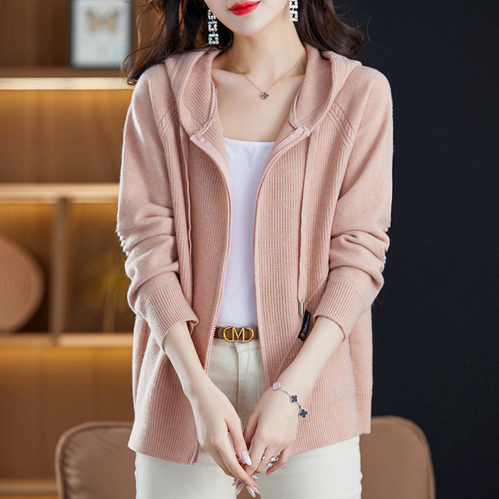 Knitted jacket for ladies with hood and practical pockets Lune London