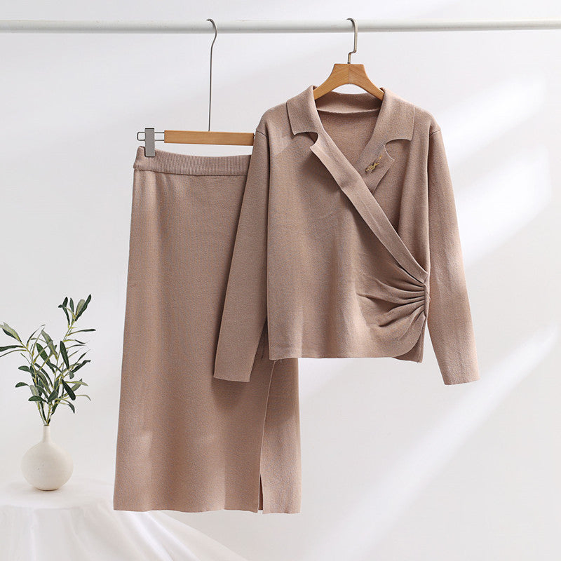 Elegant knit set for women with a wrap top and refined high waist Lune London