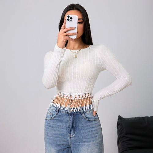 Chemise à manches longues écourtée pour femmes avec des détails de franges spéciaux Chic & Stil