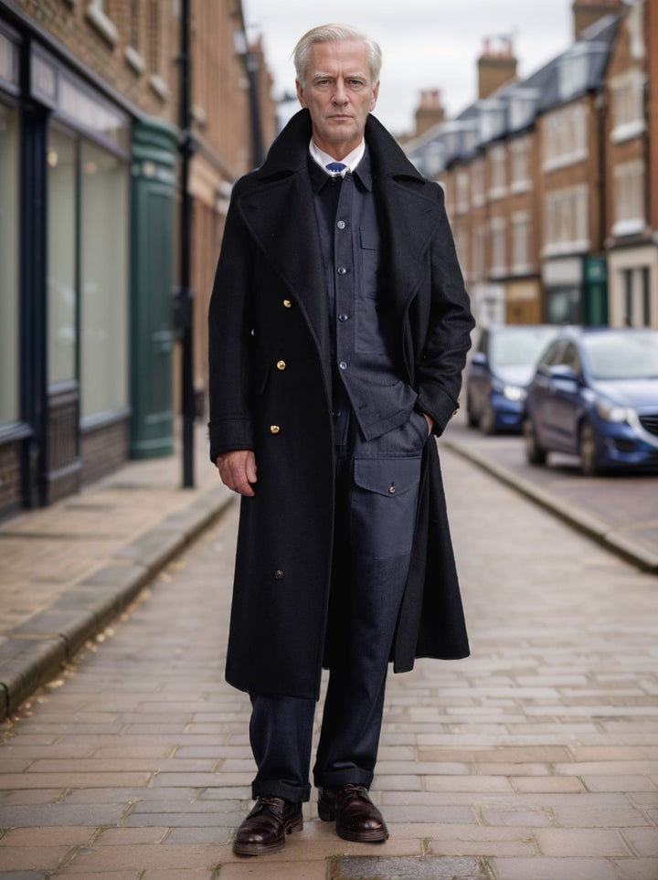 Elegant long coat for men with double-breasted buttons and wide lapels Lune London