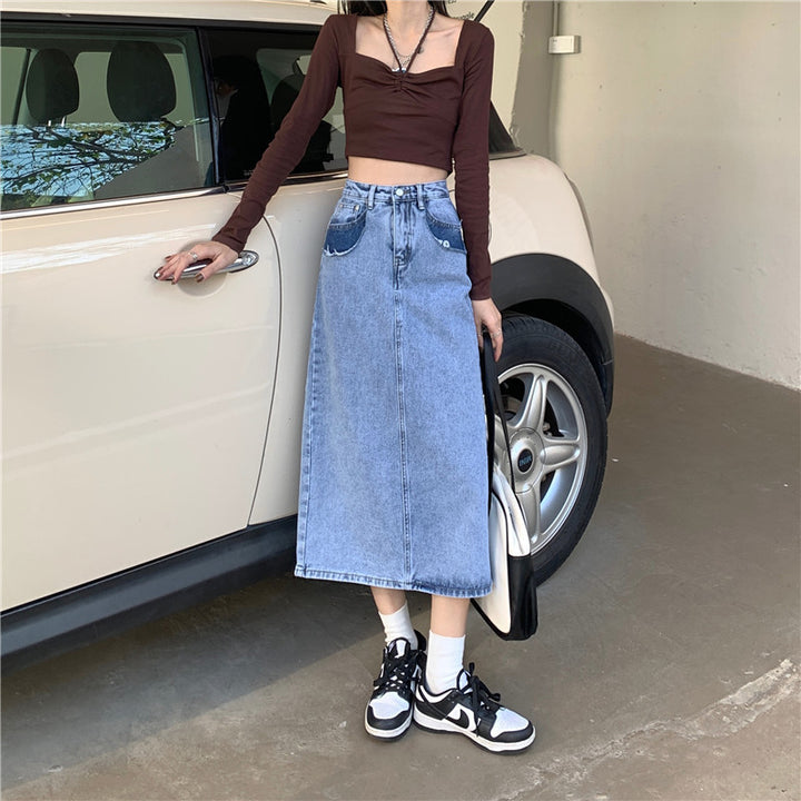 Jupe maxi en denim pour femmes avec taille haute et fente latérale Chic & Stil