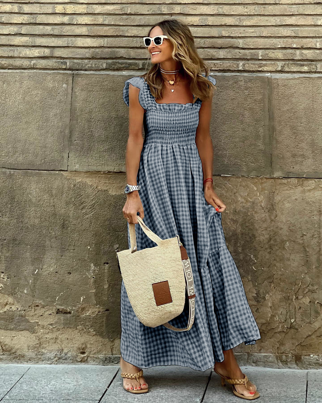 Maxi dress for ladies with refined ruffle details and a romantic tartan pattern Lune London